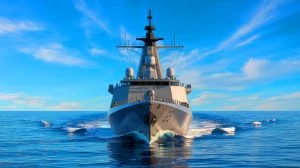Illustration von einem Schiff der australischen Marine mit Quanten-Navigationstechnologie, erstellt mithilfe künstlicher Intelligenz.
