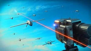 Illustration von KI-gesteuerten Laserwaffen zur Abwehr von Drohnenschwärmen, erstellt durch künstliche Intelligenz.