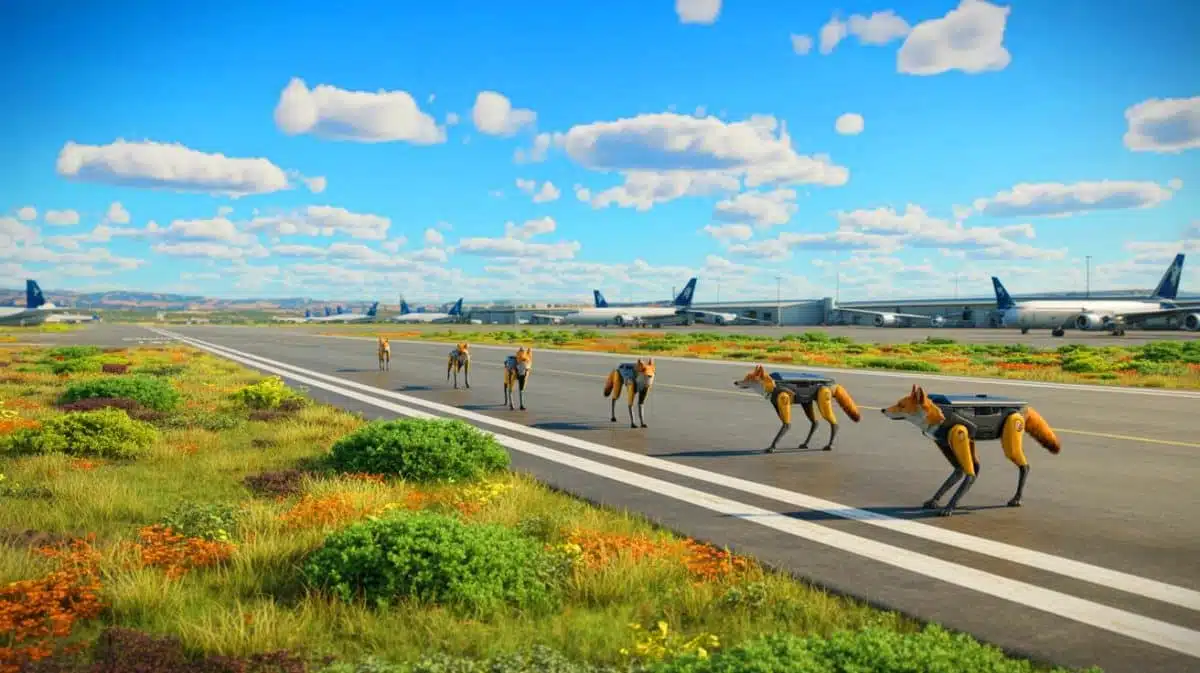 Illustration von Robotercoyoten zur Erhöhung der Sicherheit auf Flugfeldern mithilfe künstlicher Intelligenz.