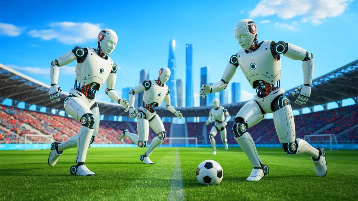Illustration von humanoiden Robotern im autonomen Fußballspiel, erstellt mit künstlicher Intelligenz.