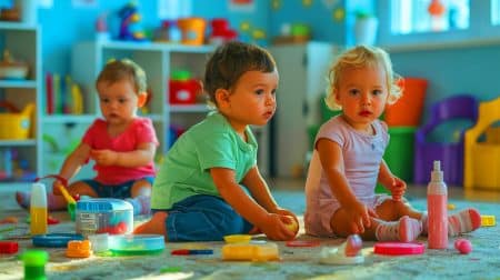 Illustration von Kleinkindern, die chemischen Expositionen im Alltag ausgesetzt sind, erstellt durch künstliche Intelligenz.