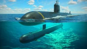 Illustration von einem Atom-U-Boot der Royal Navy, das unbemannte Unterwasserfahrzeuge einsetzt.