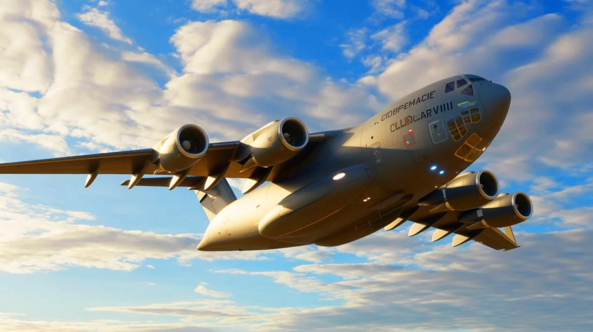 Illustration von Mikroflügeln an einem C-17 Globemaster III zur Reduzierung des Luftwiderstands, erstellt mit künstlicher Intelligenz.