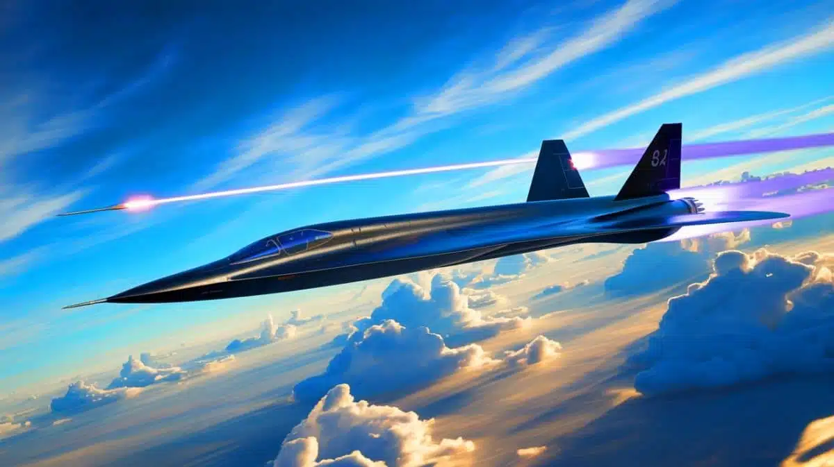Illustration von einem hypothetischen SR-72 „Dark Star“ Hyperschalljet im Flug, erstellt durch künstliche Intelligenz.