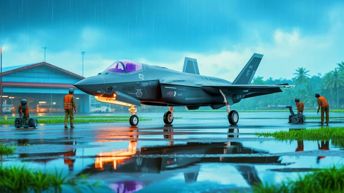 Illustration von der Notlandung eines britischen F-35B-Kampfflugzeugs in Indien mithilfe künstlicher Intelligenz erstellt.