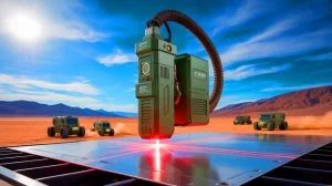Illustration von einem kompakten, temperaturunabhängigen Laser für militärische und industrielle Anwendungen, erstellt mit künstlicher Intelligenz.