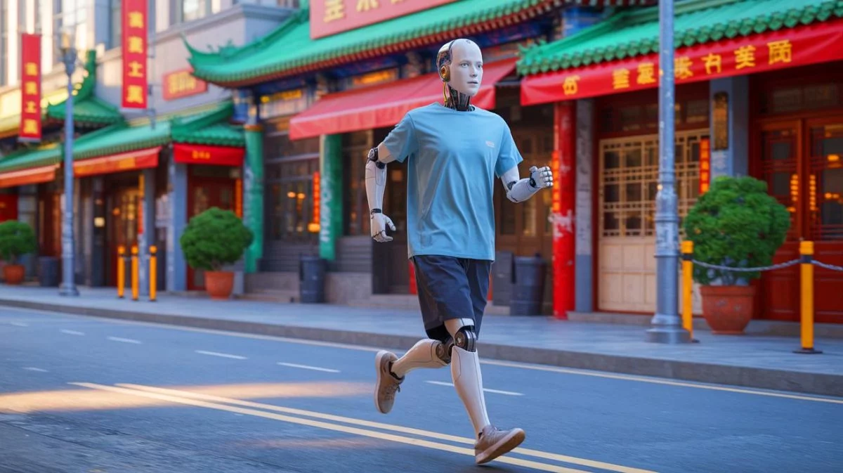 Illustration von einem humanoiden Roboter im „Dadcore“-Stil auf einer Straße in China, erstellt mithilfe künstlicher Intelligenz.