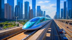 Illustration von einem ultraschnellen Maglev-Zug in China, erstellt mit künstlicher Intelligenz.