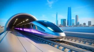 Illustration von einem hochmodernen T-Flight-Zug im Niederdrucktunnel, erstellt mit künstlicher Intelligenz.