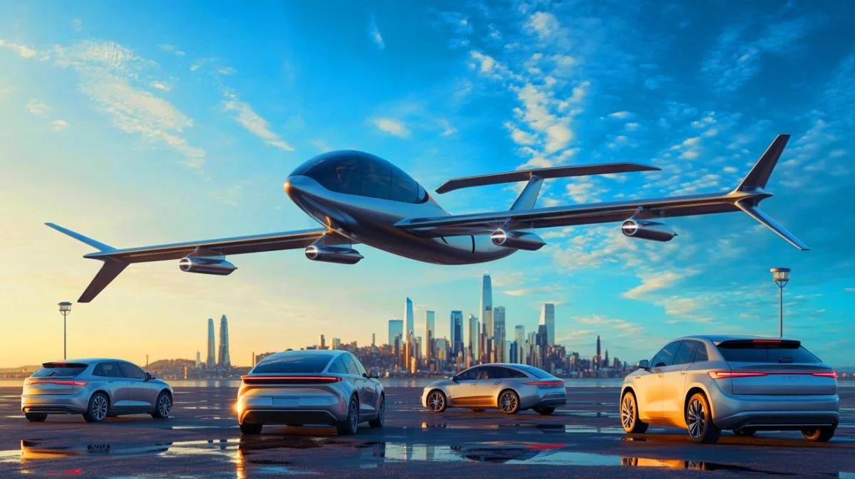 Illustration von technologischen Innovationen in der Luftfahrt und Elektromobilität, erstellt mit künstlicher Intelligenz.