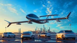 Illustration von technologischen Innovationen in der Luftfahrt und Elektromobilität, erstellt mit künstlicher Intelligenz.