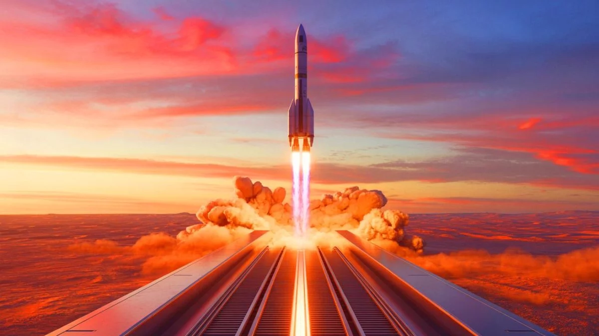 Illustration von einer Maglev-Rampe für den Satellitenstart, erzeugt durch künstliche Intelligenz.