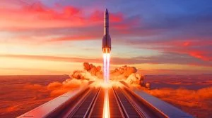 Illustration von einer Maglev-Rampe für den Satellitenstart, erzeugt durch künstliche Intelligenz.