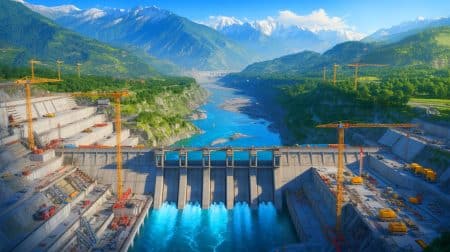 Illustration von einem gigantischen Wasserkraftprojekt im Himalaya, erstellt mit künstlicher Intelligenz.