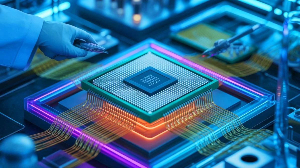 Illustration von der Entwicklung eines neuartigen Halbleitermaterials durch deutsche Forscher mithilfe künstlicher Intelligenz.