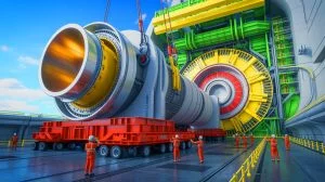 Illustration von der Lieferung eines entscheidenden Bauteils für das ITER-Projekt in Frankreich, erstellt mit künstlicher Intelligenz.