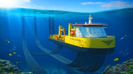 Illustration von der Unterwasserverlegung von Hochspannungskabeln zur Verbindung Großbritanniens und Deutschlands durch das NeuConnect-Projekt, mithilfe künstlicher Intelligenz erstellt.