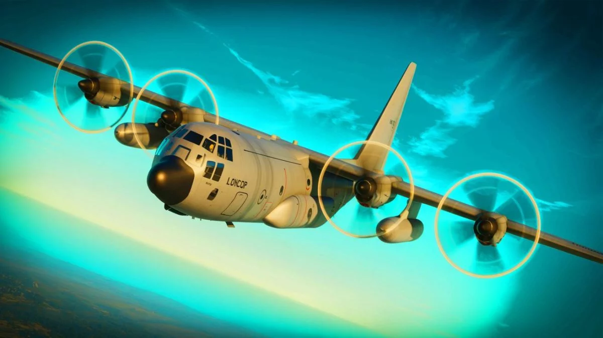 Illustration von einem Lockheed C-130J „Super Hercules“ im Einsatz, erstellt mit künstlicher Intelligenz.