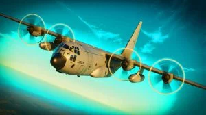 Illustration von einem Lockheed C-130J „Super Hercules“ im Einsatz, erstellt mit künstlicher Intelligenz.