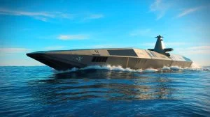 Illustration von einem autonomen Schiff der DARPA, erstellt mit künstlicher Intelligenz.