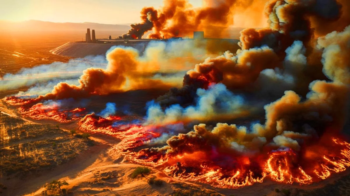 Illustration von einem massiven Feuer in der Nähe von Area 51, erstellt mit künstlicher Intelligenz.