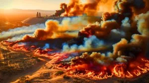 Illustration von einem massiven Feuer in der Nähe von Area 51, erstellt mit künstlicher Intelligenz.