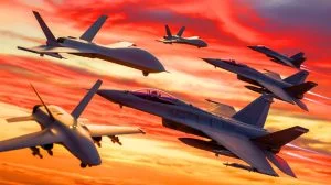 Illustration von Drohnen im Luftkampf gegen bemannte Kampfjets, erstellt durch künstliche Intelligenz.