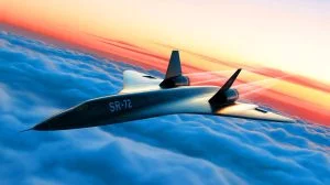 Illustration von einem futuristischen SR-72 Spionageflugzeug in Hyperschallgeschwindigkeit. Bild durch KI generiert.