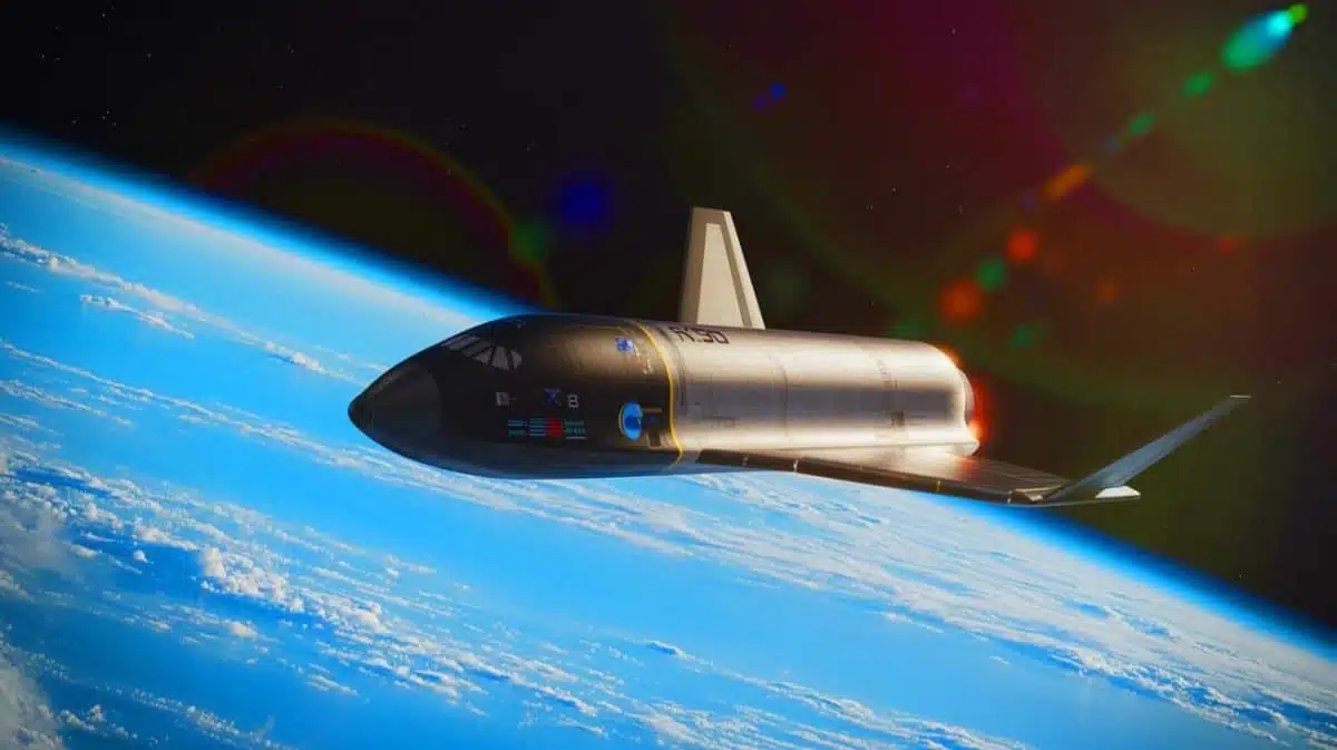 Illustration von der X-37B-Mission der US Space Force mit Fokus auf technologische Innovationen wie Laserkommunikation und quantenmechanische Sensoren.