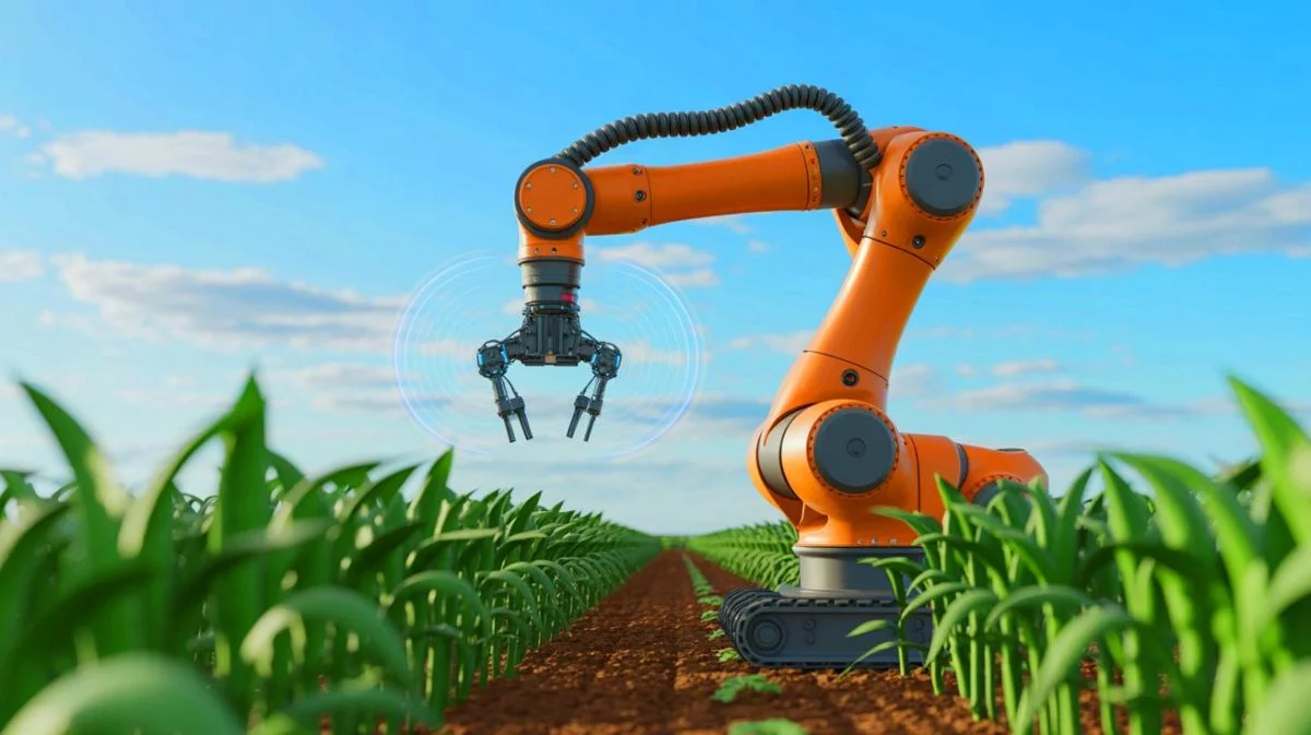 Illustration von einem Roboterarm, der mithilfe von Schallwellen in einer landwirtschaftlichen Umgebung navigiert.