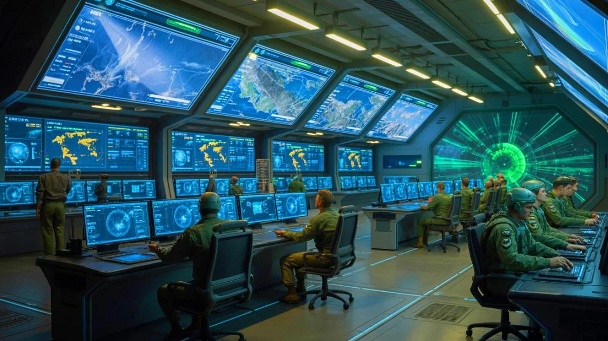 Illustration von einem vernetzten militärischen "Kill Web", das die Präzision von Waffensystemen steigert. Bild durch KI generiert.