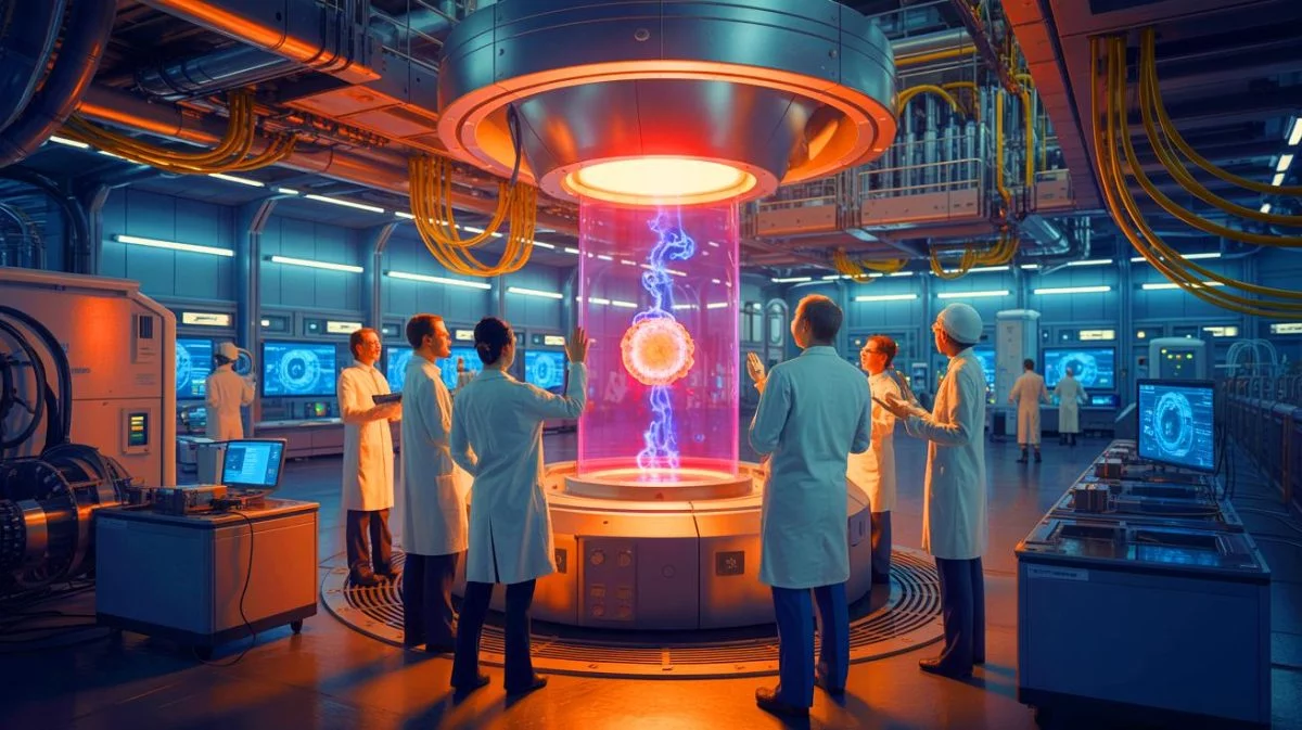 Illustration von internationaler Zusammenarbeit im Bereich der Fusionsenergie und nuklearer Technologie. Bild durch KI generiert.