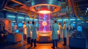 Illustration von internationaler Zusammenarbeit im Bereich der Fusionsenergie und nuklearer Technologie. Bild durch KI generiert.