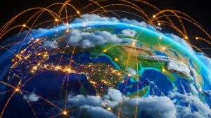 Illustration von der Nutzung künstlicher Intelligenz und Satellitendaten zur prädiktiven Intelligenz.
