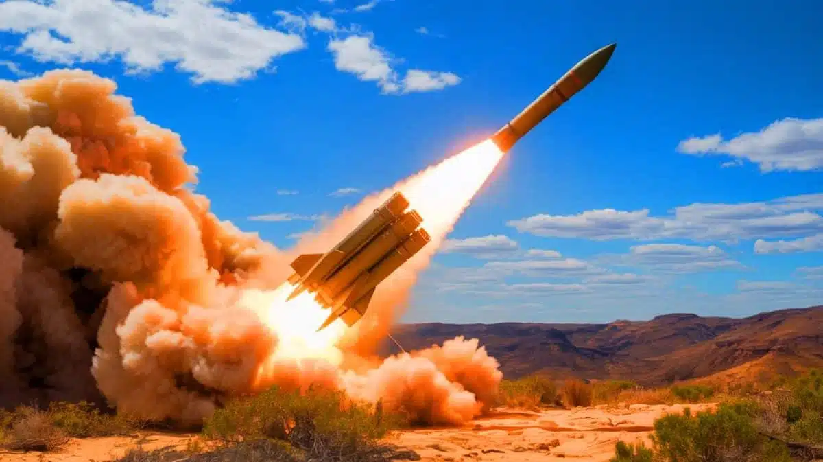 Illustration von einem Präzisionsschlagraketensystem der australischen Armee bei einer Testabschuss-Simulation.