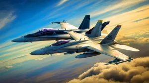 Illustration von einem Luftkampf zwischen einer F/A-18 Super Hornet und einer F-15 Eagle. Bild durch KI generiert.