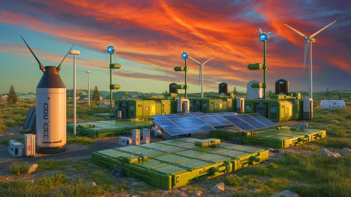 Illustration von Mini-Reaktoren und erneuerbaren Energien auf einem modernen Schlachtfeld. Bild durch KI generiert.