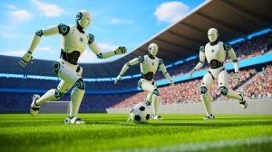 Illustration von einem vollautonomen Roboterfußballspiel in China. Bild durch KI generiert.