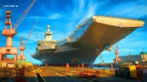 Illustration von Russlands einzigem Flugzeugträger Admiral Kusnezow in einem künstlichen Hafen, erstellt durch künstliche Intelligenz.