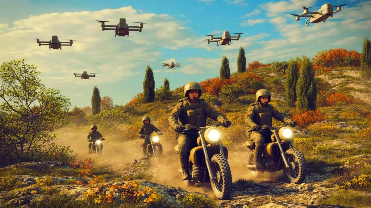 Illustration von einem taktischen Motorradangriff im Ukraine-Konflikt, erstellt durch künstliche Intelligenz.