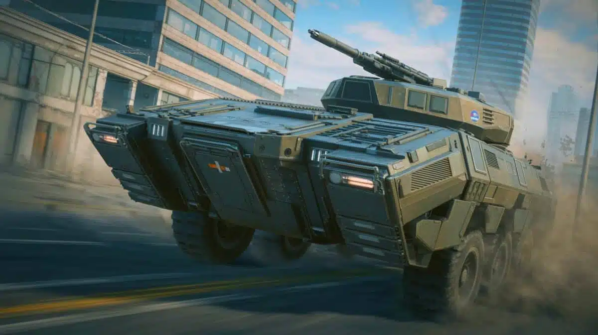 Illustration von einem russischen autonomen Bodenkampfsystem in urbanem Einsatz.