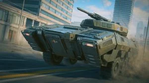 Illustration von einem russischen autonomen Bodenkampfsystem in urbanem Einsatz.