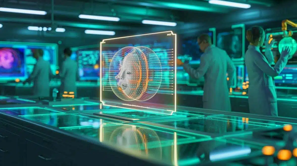 Illustration von der Entwicklung holografischer 3D-Bildgebung mithilfe von Quantenverschränkung, erstellt durch künstliche Intelligenz.