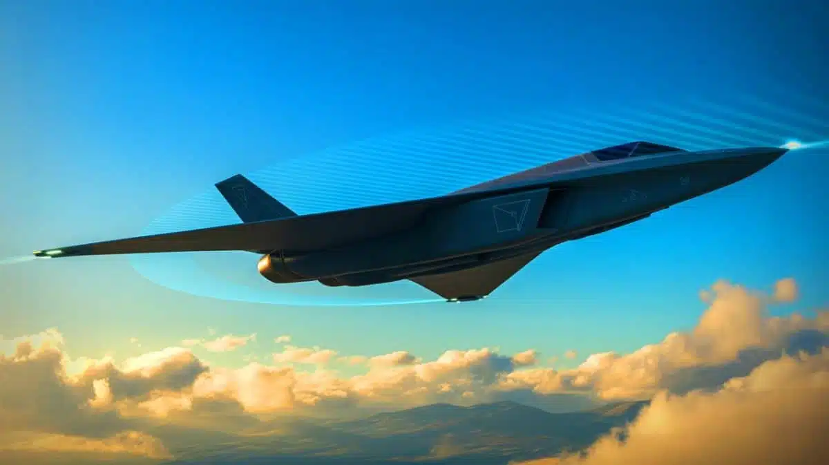 Illustration von einem modernen Stealth-Flugzeug in einem quantensensitiven Umfeld, erstellt mit künstlicher Intelligenz.