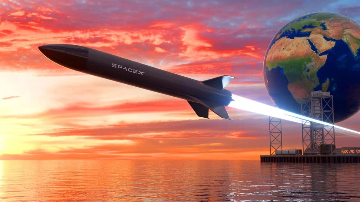 Illustration von der Vision ultraschneller interkontinentaler Reisen mit dem SpaceX Starship, erstellt durch künstliche Intelligenz.