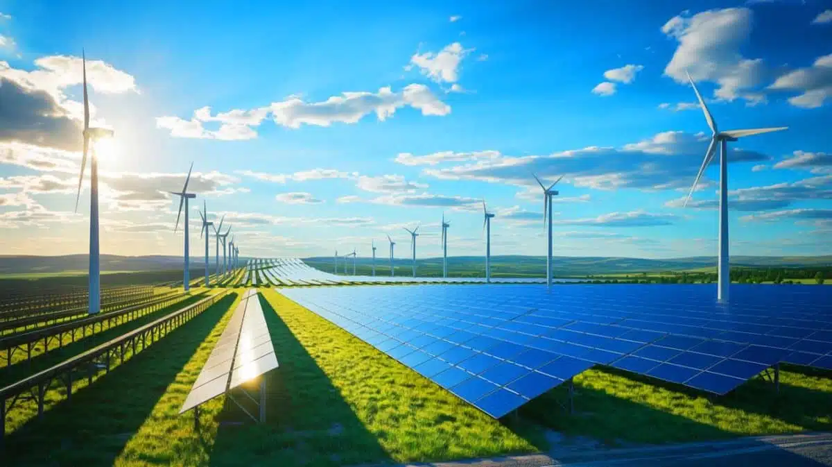 Illustration von den Herausforderungen und Entwicklungen der erneuerbaren Energien in den USA, erstellt durch künstliche Intelligenz.
