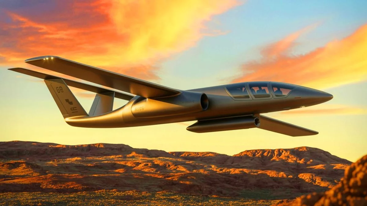 Illustration von einem hybrid-elektrischen Flugzeug im militärischen Einsatz. Bild durch KI generiert.