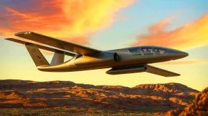 Illustration von einem hybrid-elektrischen Flugzeug im militärischen Einsatz. Bild durch KI generiert.