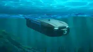 Illustration von der SG-1 Fathom Unterwasserdrohne der britischen Royal Navy im Einsatz gegen russische U-Boot-Bedrohungen, erstellt mit künstlicher Intelligenz.