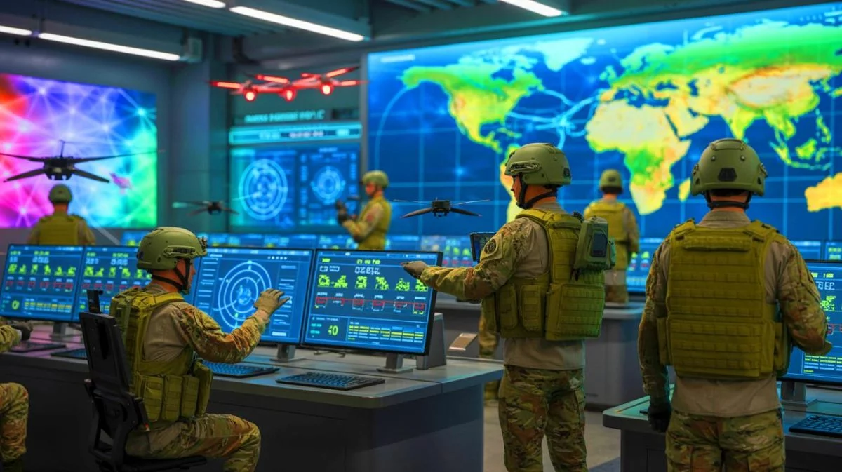 Illustration von der energetischen Neuausrichtung moderner Militärstrategien mithilfe künstlicher Intelligenz.
